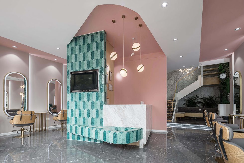 發(fā)型設(shè)計店鋪現(xiàn)代馬克龍色系裝修收銀臺效果