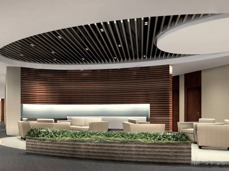 木飾面裝修效果圖條紋鏤空設(shè)計(jì)天花休息區(qū)皮革沙發(fā)裝修設(shè)計(jì)