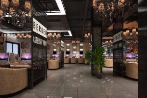 大理石過道休息區天花吊頂裝修鏤空金屬墻體網吧設計