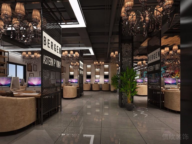 大理石過道休息區(qū)天花吊頂裝修鏤空金屬墻體網(wǎng)吧設(shè)計(jì)