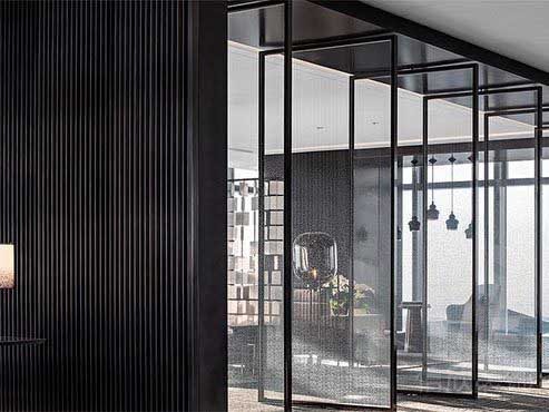 辦公室黑色邊框活動(dòng)玻璃門隔斷屏風(fēng)效果圖