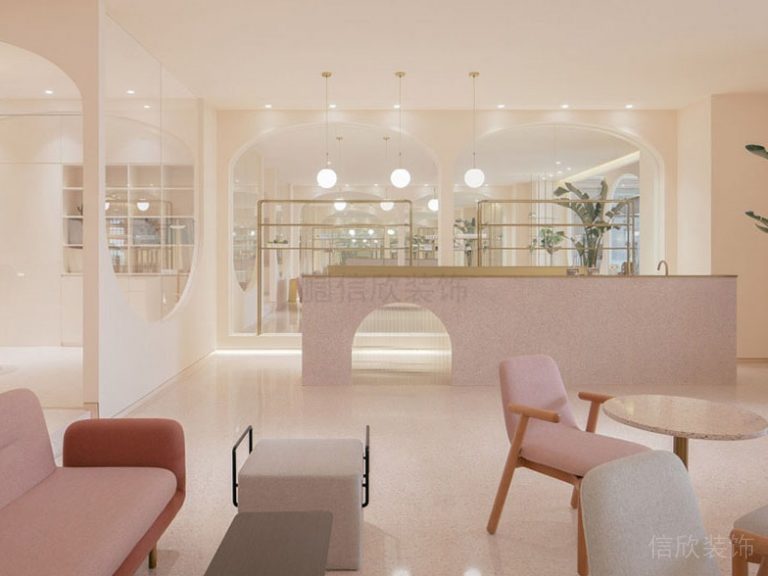 皮粉色鏤空墻體瑜伽機(jī)構(gòu)裝修設(shè)計(jì)大廳休息區(qū)
