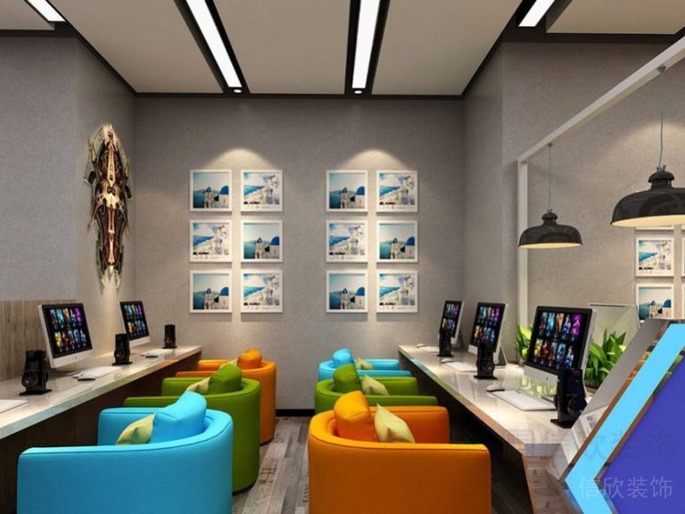 彩色對稱式設計網吧效果簡約現代北歐風格裝修設計圖。