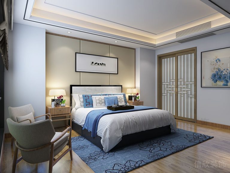 主臥裝修設計效果圖實木地板新中式風格皮革墻體設計