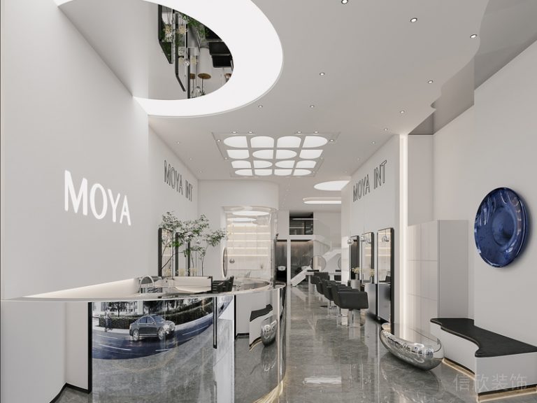 弧形理發(fā)店裝修現(xiàn)代未來科技感藍(lán)色墻體設(shè)計大理石過道裝修設(shè)計效果圖