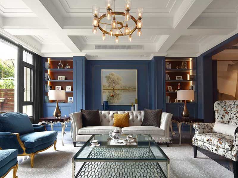 北歐風(fēng)藍(lán)色航行設(shè)計(jì)船舵天花圖案效果水晶燈玻璃茶幾客廳