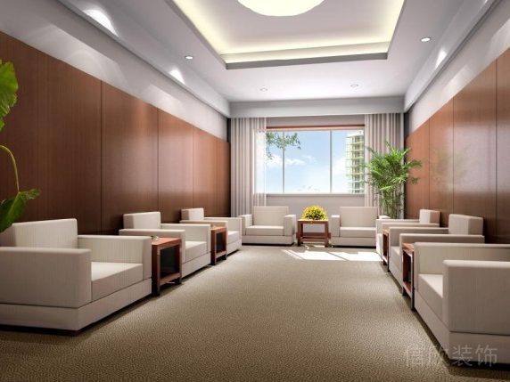 實(shí)木墻面環(huán)形會(huì)議室裝修獨(dú)立皮革沙發(fā)