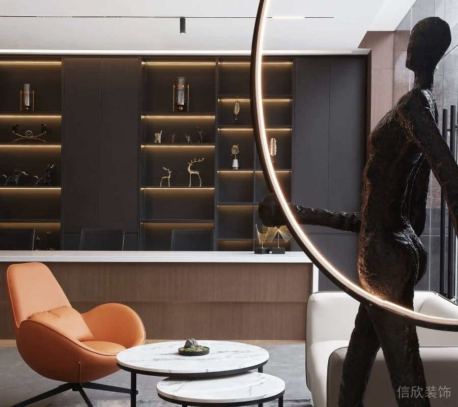 洽談式簡約大理石折疊茶幾收納墻黑色商務(wù)風(fēng)設(shè)計的工作室裝修