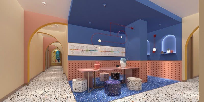 藍(lán)色開放式區(qū)域紅色金屬框架燈飾創(chuàng)意設(shè)計(jì)機(jī)構(gòu)休息區(qū)半墻洞洞板裝修