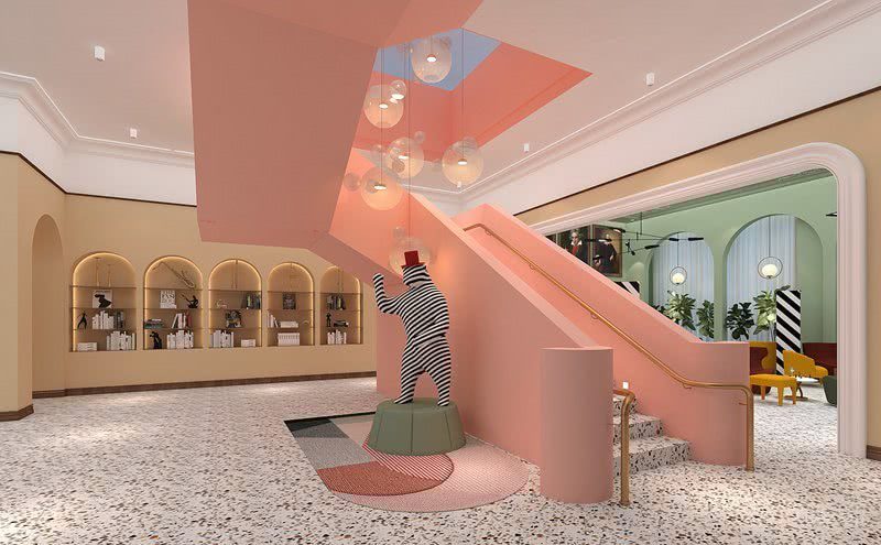 橙色階梯式水磨石機構(gòu)裝修效果圖過道等去工作室色彩搭配設(shè)計圖星空吊頂