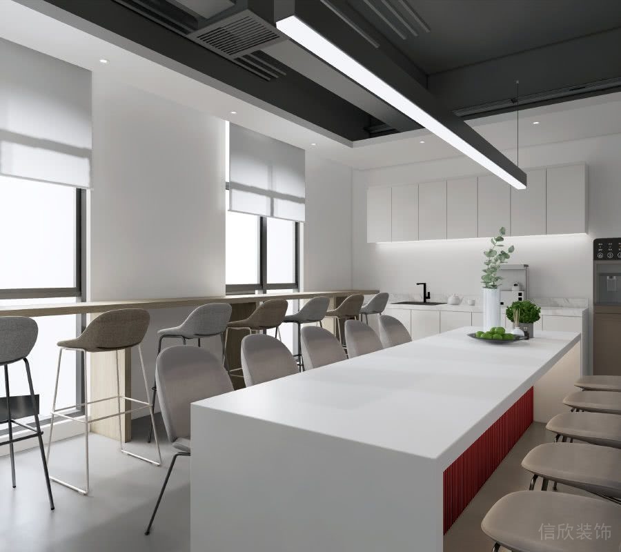 白色的茶水間員工餐區(qū)黑色天花