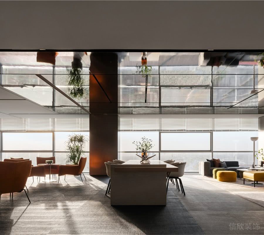 辦公室洽談區(qū)效果圖橙色沙發(fā)灰色地毯