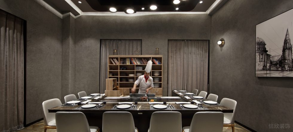 深圳福田金茂禮都灰色調(diào)簡(jiǎn)約風(fēng)格鐵板燒餐廳裝修案例包廂訂制大理石餐桌