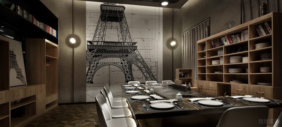 深圳福田金茂禮都灰色調(diào)簡(jiǎn)約風(fēng)格鐵板燒餐廳裝修案例包廂藝術(shù)壁畫