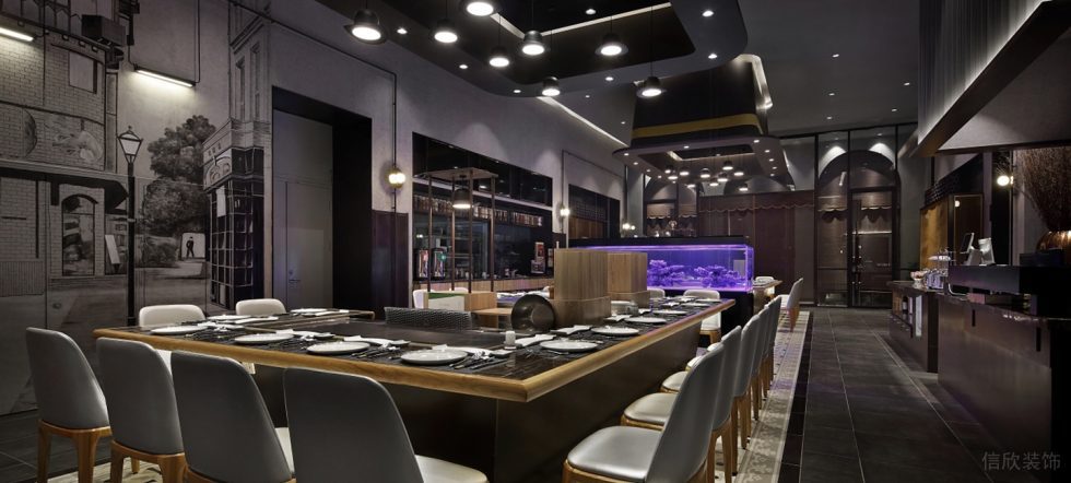 深圳福田金茂禮都灰色調(diào)簡(jiǎn)約風(fēng)格鐵板燒餐廳裝修案例大廳燈光效果