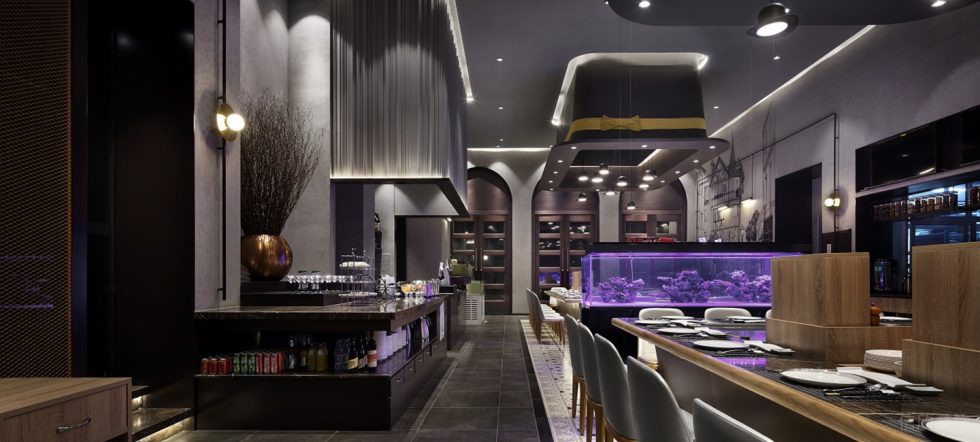 深圳福田金茂禮都灰色調(diào)簡(jiǎn)約風(fēng)格鐵板燒餐廳裝修案例大廳天花