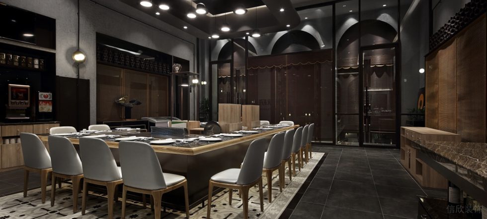 深圳福田金茂禮都灰色調(diào)簡(jiǎn)約風(fēng)格鐵板燒餐廳裝修案例地面鋪貼