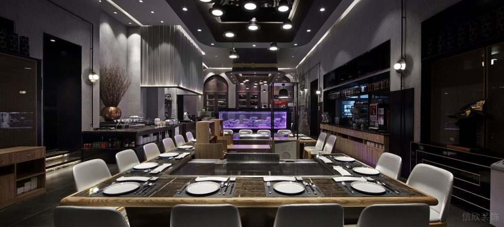深圳福田金茂禮都灰色調(diào)簡(jiǎn)約風(fēng)格鐵板燒餐廳裝修案例大廳效果圖