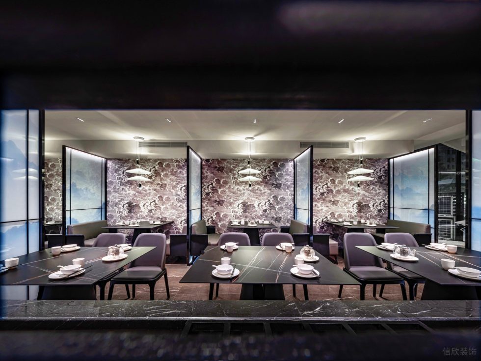 深圳龍華保利悅都現(xiàn)代新中式風(fēng)格江浙菜餐廳裝修案例二層用餐大廳卡座山水畫噴繪玻璃裝飾隔斷 深圳龍華保利悅都現(xiàn)代新中式風(fēng)格江浙菜餐廳裝修案例二層用餐大廳卡座山水畫噴繪玻璃裝飾隔斷