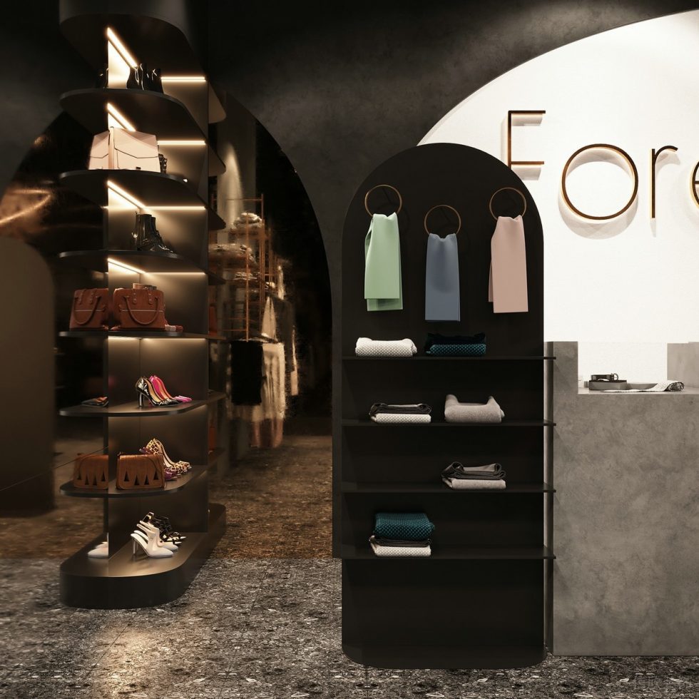 深圳市龍崗區平湖“森林” 名牌服裝店裝修設計深色木紋展示架