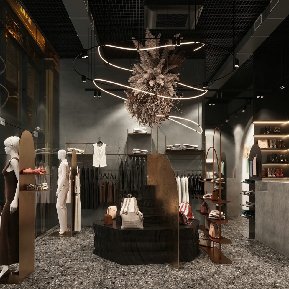 深圳市龍崗區平湖“森林” 名牌服裝店裝修設計圓拱形金屬衣架