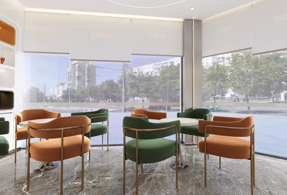 深圳福田新洲大廈華冠口腔牙科診所裝修設計全景圖候診休息洽談區