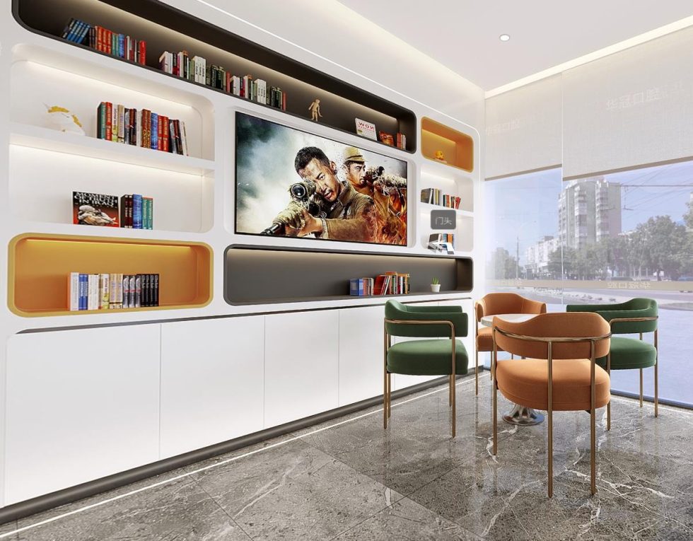 深圳福田新洲大廈華冠口腔牙科診所裝修設計全景圖候診區展示柜