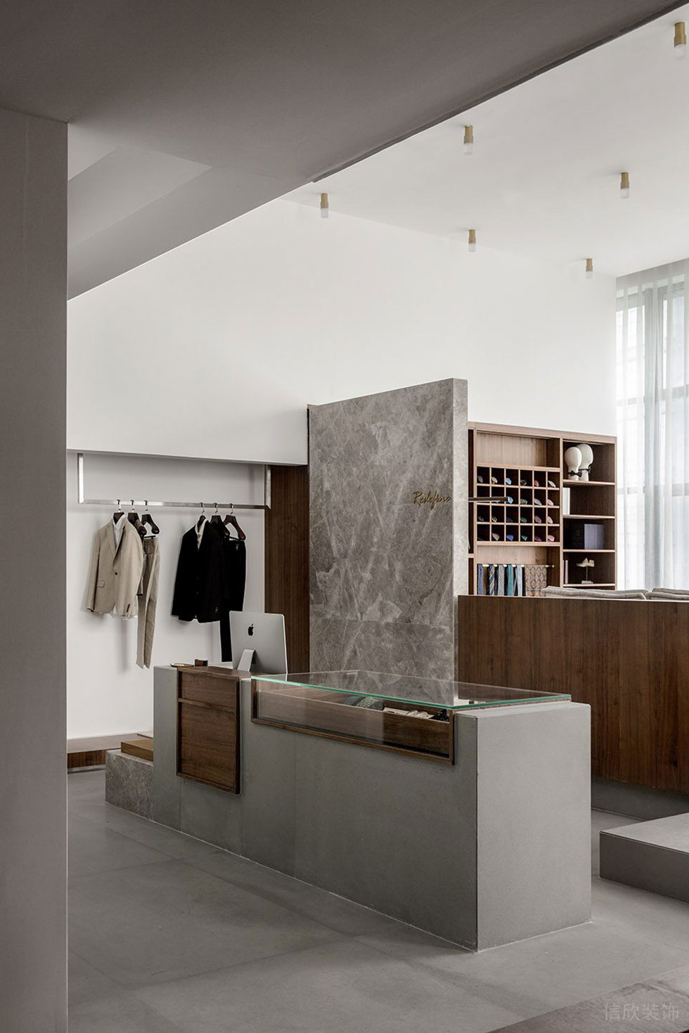 深圳市寶安區松崗現代風redefine西服定制店裝修設計水泥玻璃島臺
