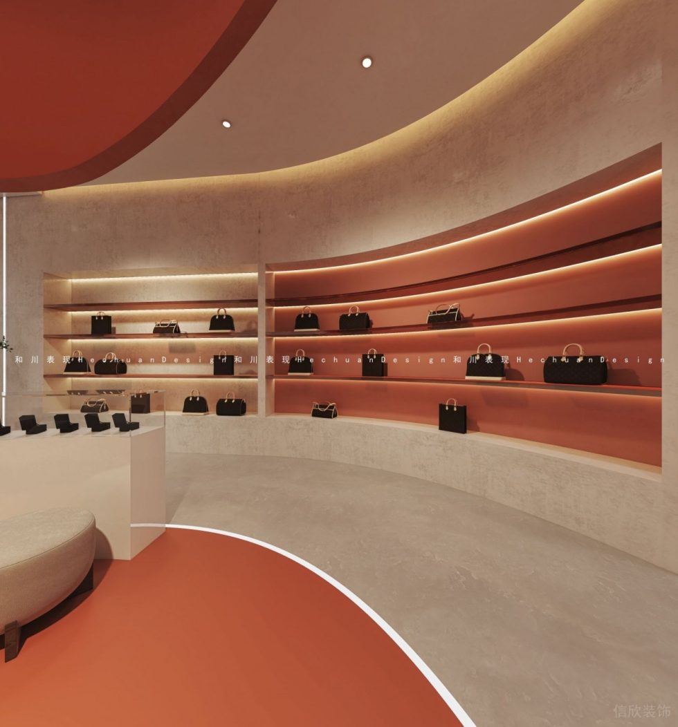 深圳市龍崗區(qū)布吉現(xiàn)代輕奢風奢侈品店弧形女包展架效果圖 深圳市龍崗區(qū)布吉現(xiàn)代輕奢風奢侈品店弧形女包展架效果圖