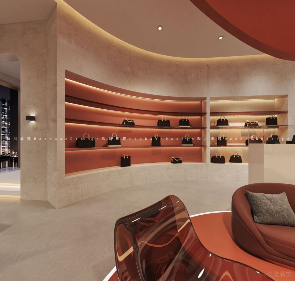 深圳市龍崗區(qū)布吉現(xiàn)代輕奢風奢侈品店弧形墻面展架裝修設計效果圖 深圳市龍崗區(qū)布吉現(xiàn)代輕奢風奢侈品店弧形墻面展架裝修設計效果圖
