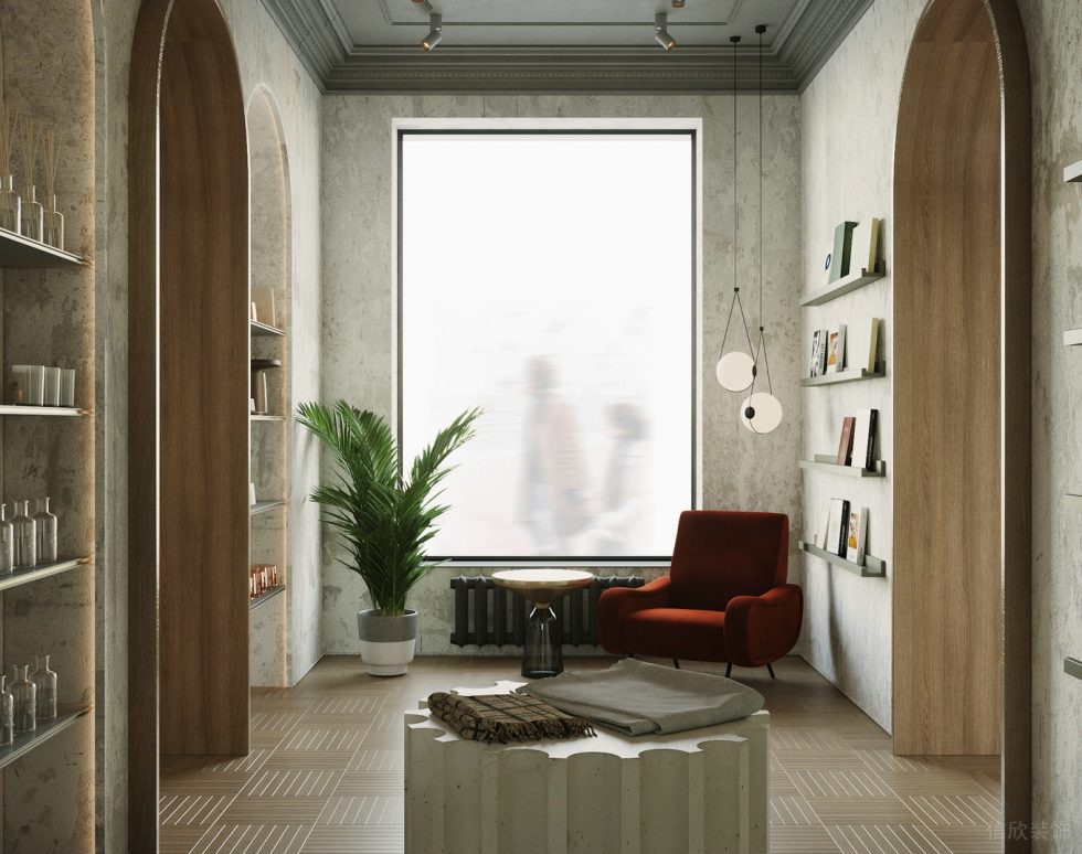 深圳市龍崗區平湖復古風定制服裝店洽談區展柜裝修設計