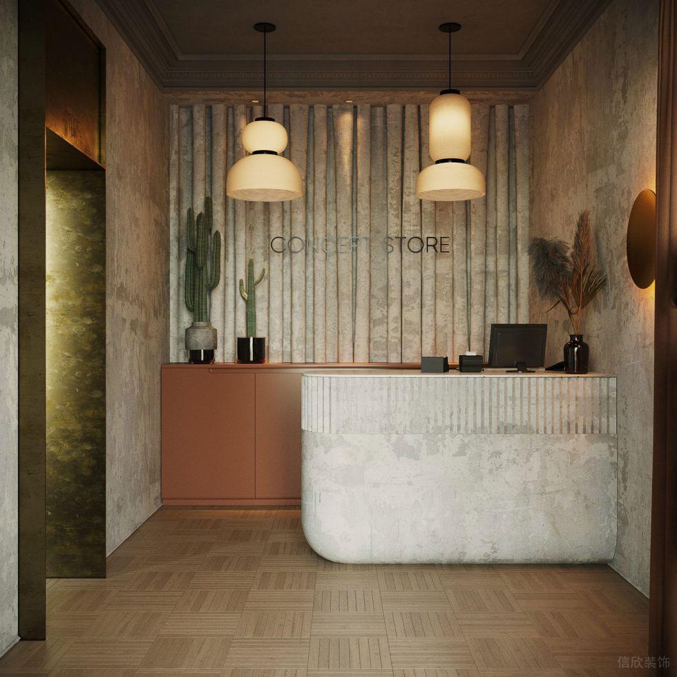 深圳市龍崗區平湖復古風定制服裝店前臺裝修設計效果圖