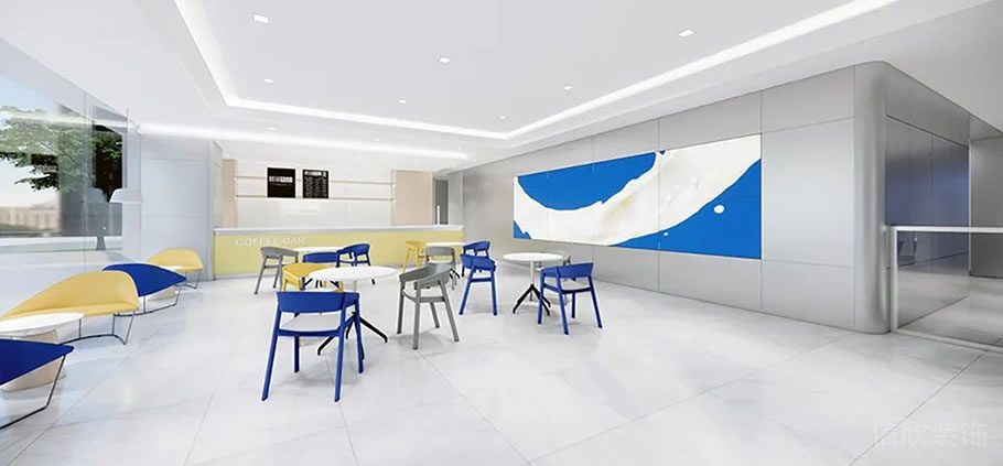 深圳龍崗寶能科技園3000平方米藍白黃色調簡約風辦公室裝修案例前廳接待區(qū)