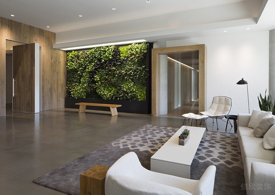深圳寶安匯聚創(chuàng)新園1000平方米淺色調原木簡約風辦公室裝修案例接待廳翠綠色植物背景墻