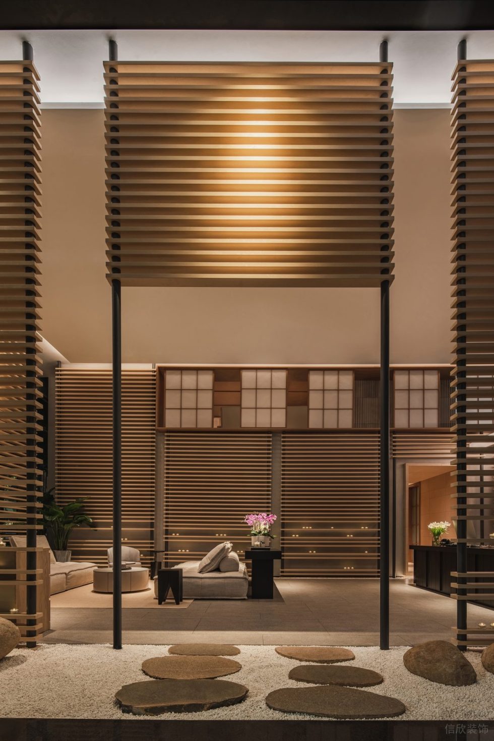 深圳市福田區(qū)保稅區(qū)新中式風(fēng)蘭美容抗衰中心裝修設(shè)計(jì)實(shí)景效果圖-大廳枯山水景入口 深圳市福田區(qū)保稅區(qū)新中式風(fēng)蘭美容抗衰中心裝修設(shè)計(jì)實(shí)景效果圖-大廳枯山水景入口