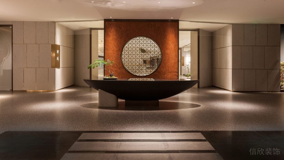 深圳市國風(fēng)高雅中式餐廳碗型黑色島臺裝修設(shè)計