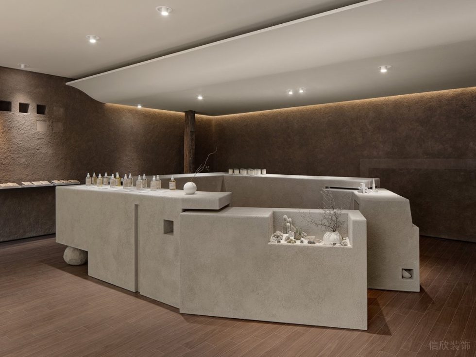 深圳市羅湖區(qū)東門現(xiàn)代風(fēng)香薰店裝修設(shè)計實景效果圖-灰色水泥造型島臺展區(qū)