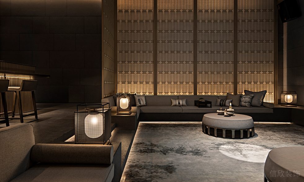 新中式風(fēng)中餐廳等候區(qū)軟裝搭配裝修設(shè)計(jì)