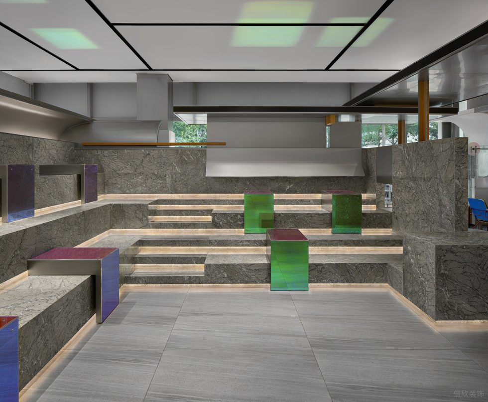 工業簡約風飲品店大理石紋地磚階級就座區裝修設計