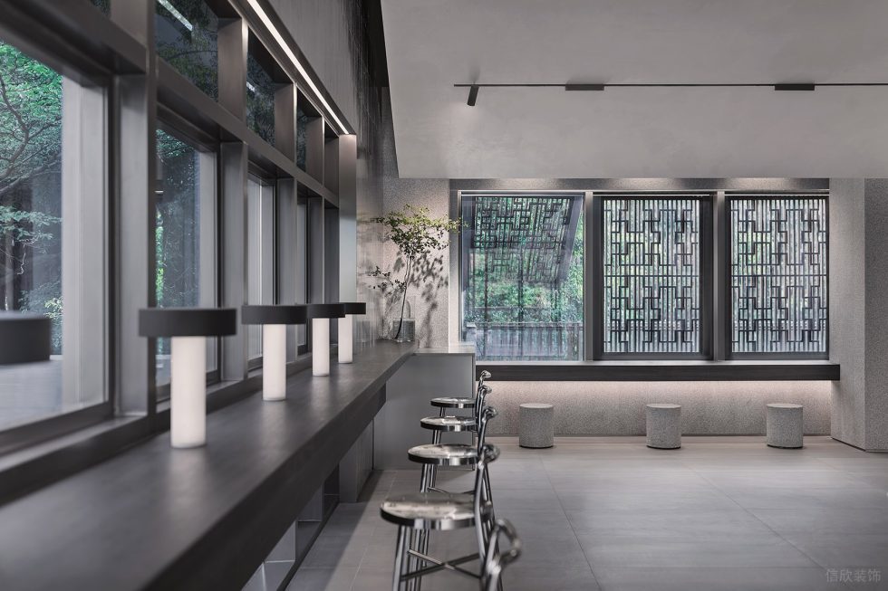 現(xiàn)代風飲品店方形不銹鋼窗戶裝修設計