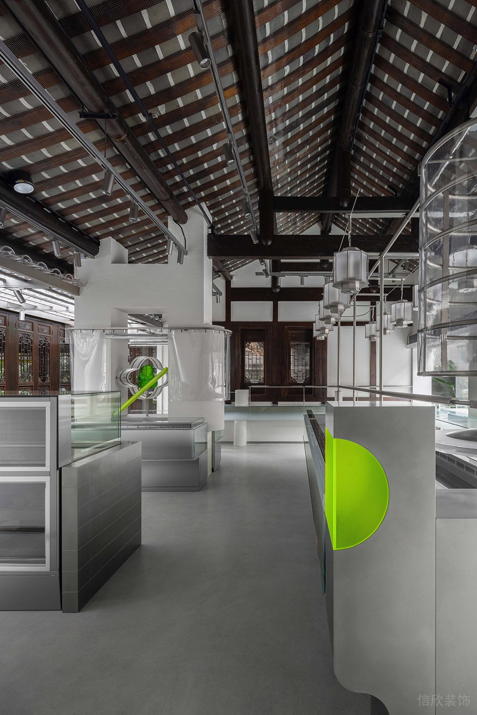 現(xiàn)代新中式甜品店水泥灰選購區(qū)地面裝修設(shè)計