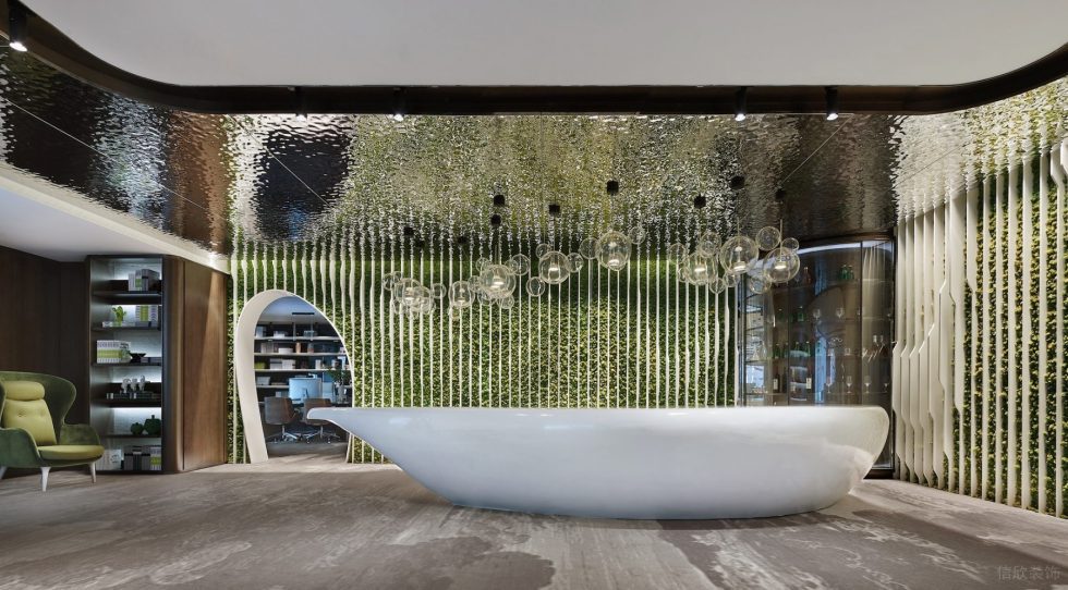 魔幻現(xiàn)代風(fēng)辦公室裝修設(shè)計(jì)白色烤漆異形前臺(tái)