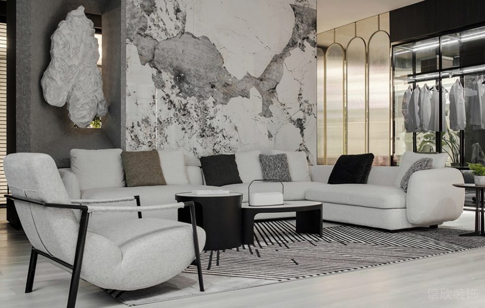 Nasca整體家具展廳裝修設(shè)計 水墨大理石背景墻及拱門玻璃屏風墻