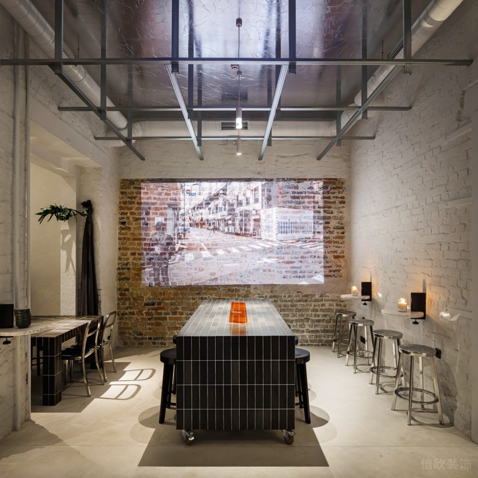 現(xiàn)代極簡(jiǎn)風(fēng)咖啡廳陳舊磚墻投影區(qū)效果圖