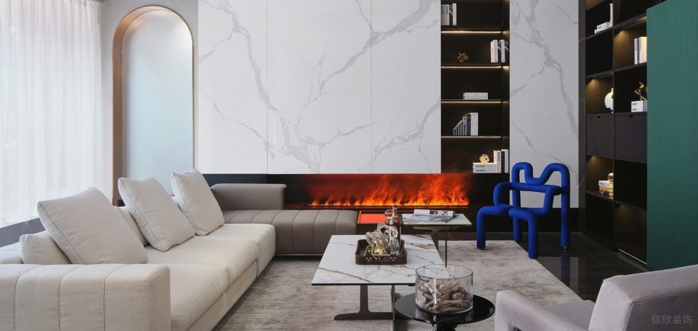 藝術(shù)高定產(chǎn)品展示中心裝修設(shè)計(jì) 白色布藝沙發(fā)大理石背景墻