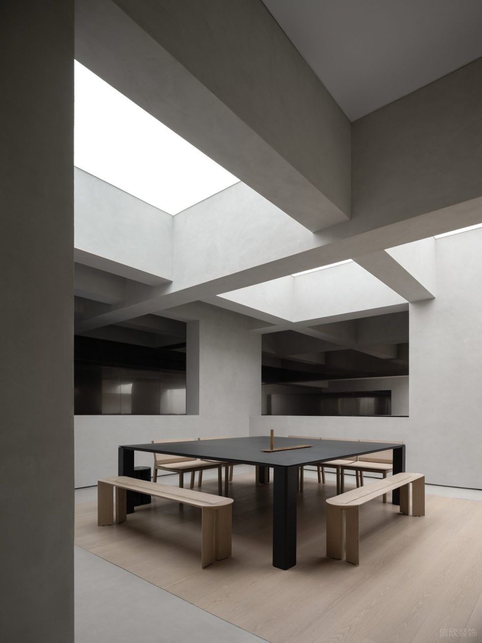 智能未來體驗(yàn)展廳裝修設(shè)計(jì) 黑色桌子白色長木凳