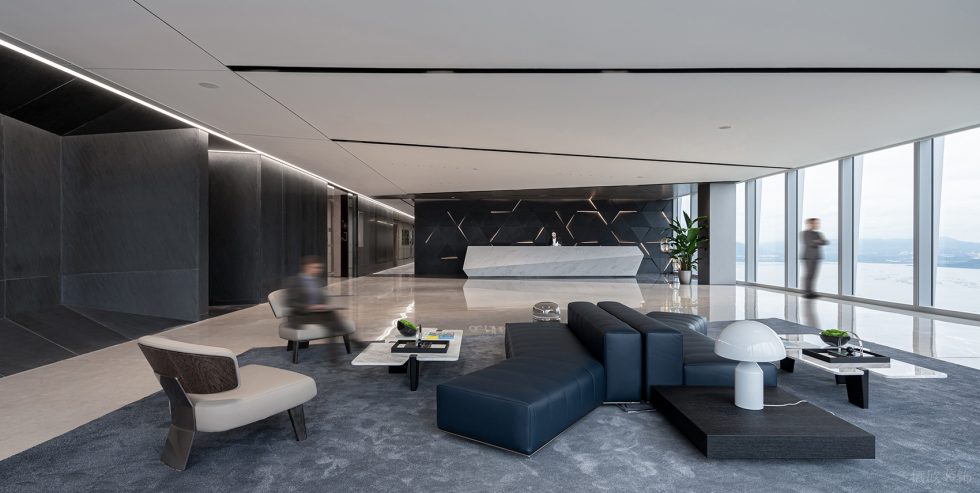 高級灰現(xiàn)代簡約風辦公室裝修設(shè)計黑白灰前臺接待區(qū)