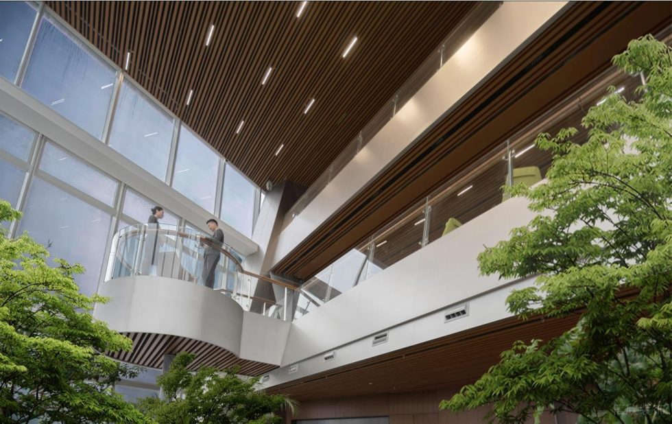 高級灰現(xiàn)代簡約風辦公室裝修設(shè)計銀色圓環(huán)形休閑平臺