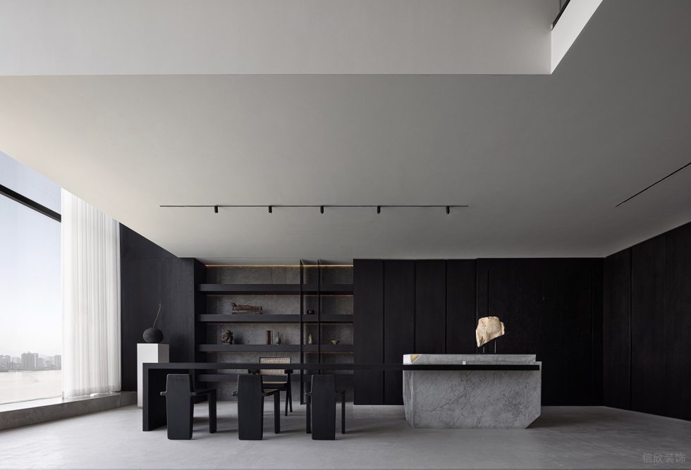 黑白灰抽象極簡風辦公室裝修設計黑灰色洽談中島臺