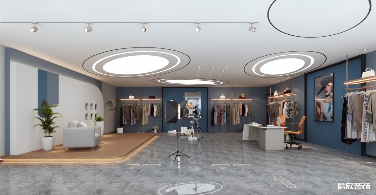 羅湖區(qū)東門服裝帶貨直播間圓形天花吊頂裝修設(shè)計(jì)